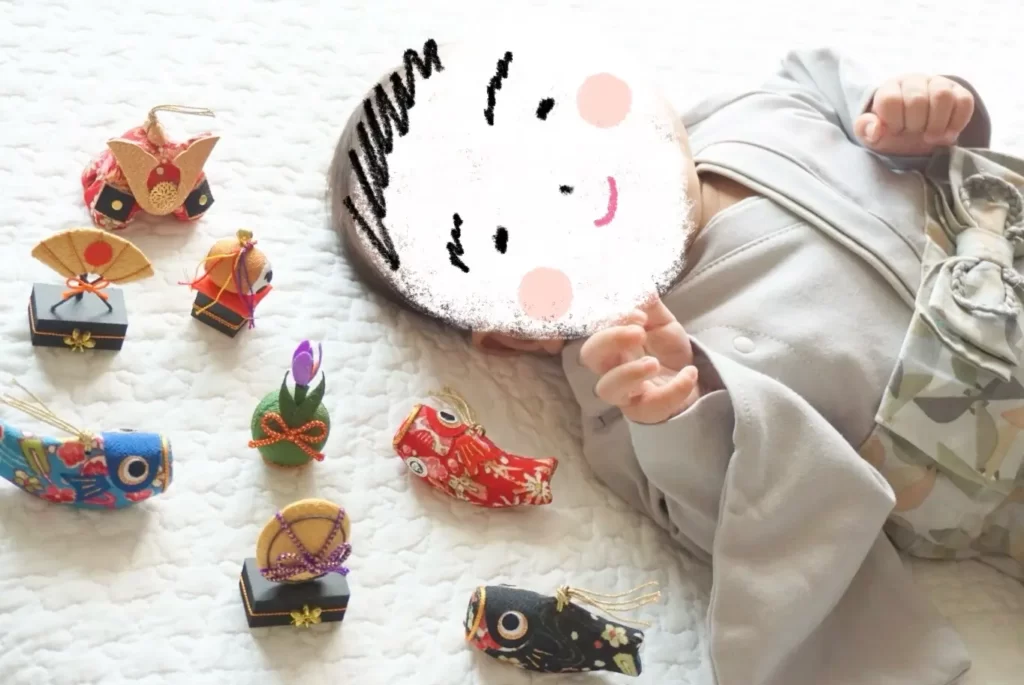 ちりめんの五月人形とあかちゃん