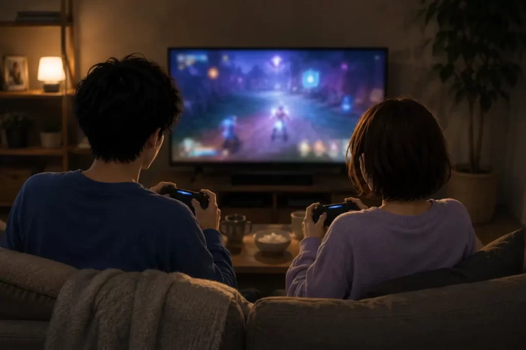 夫婦で仲良くゲームをする様子